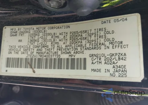 2004 Toyota 4Runner Limited V6 z USA, uszkodzony, nr VIN JTEZU17R040037735